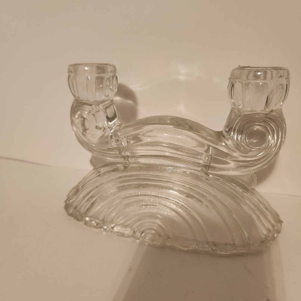 Vintage Art Deco Clear Glass Double Taper Candle Holder Ribbed Fan Base 1940‎